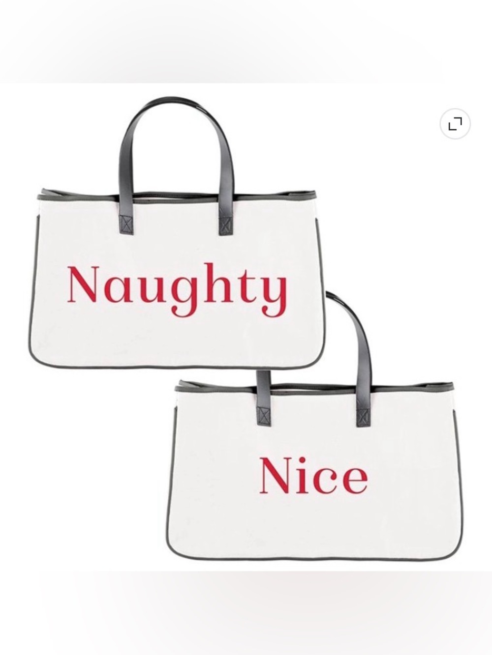 White "Naughty/Nice" Canvas Tote Bag with Black Handles